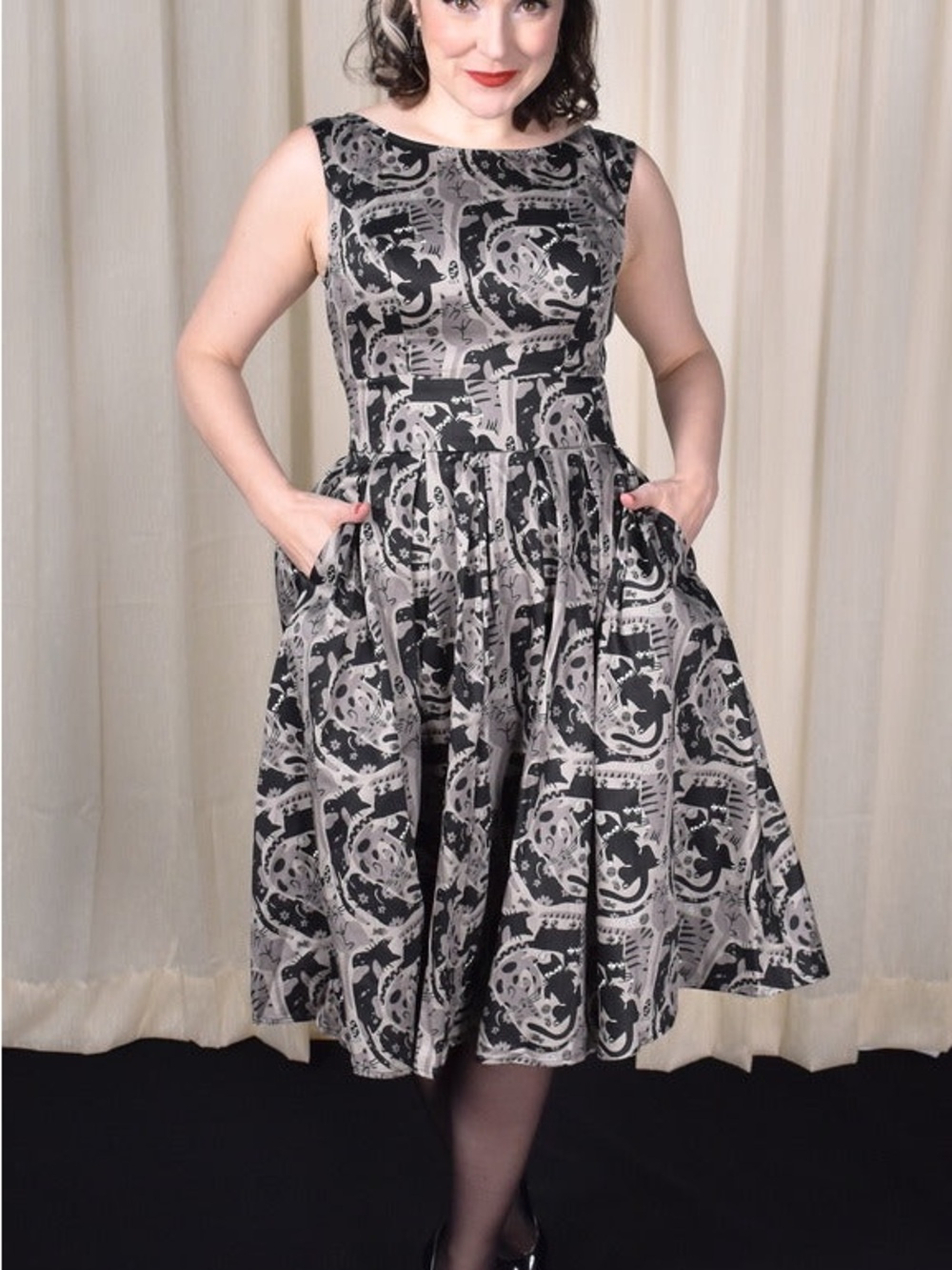 Miss Lulo Black & Gray Cats Lily Dress Size Medium
